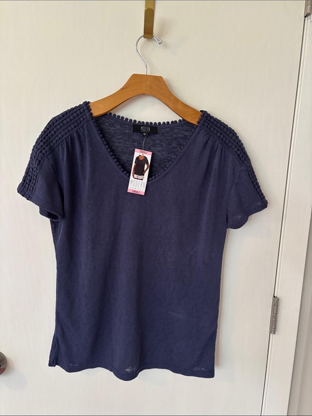 Modern canvas Navy Short Sleeve Crochet Shoulder Top